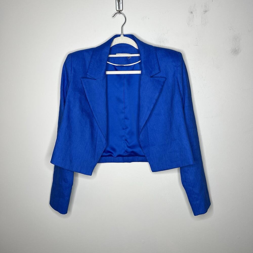 Alice And‎ Olivia Blazer Womens 4 Blue Linen Blend Open Cropped Lined Career - Picture 4 of 13